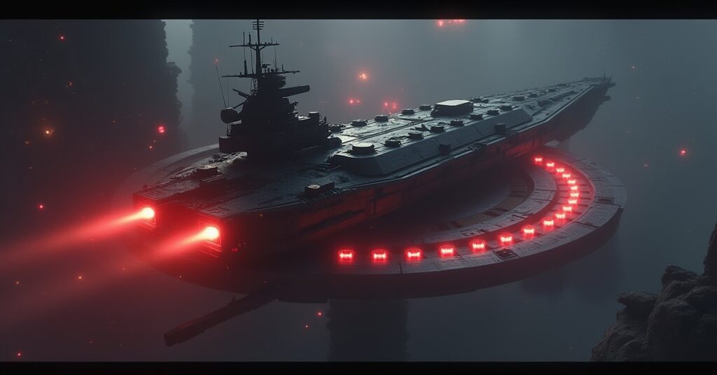 A heavily armed warship attacking a space station on red alert in Star Trek Fleet Command