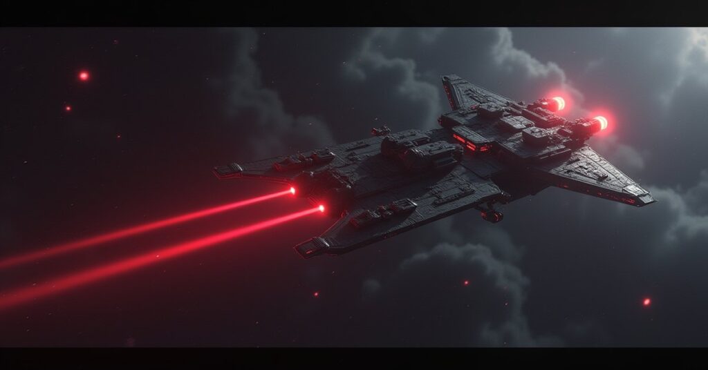 A menacing warship looms outside a starbase under red alert in Star Trek Fleet Command