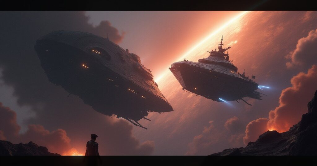 An Orion ship and another vessel face off across a tense meeting station