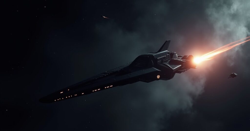 A starship pursuing a dark vessel along a glowing warp trail in Star Trek Fleet Command
