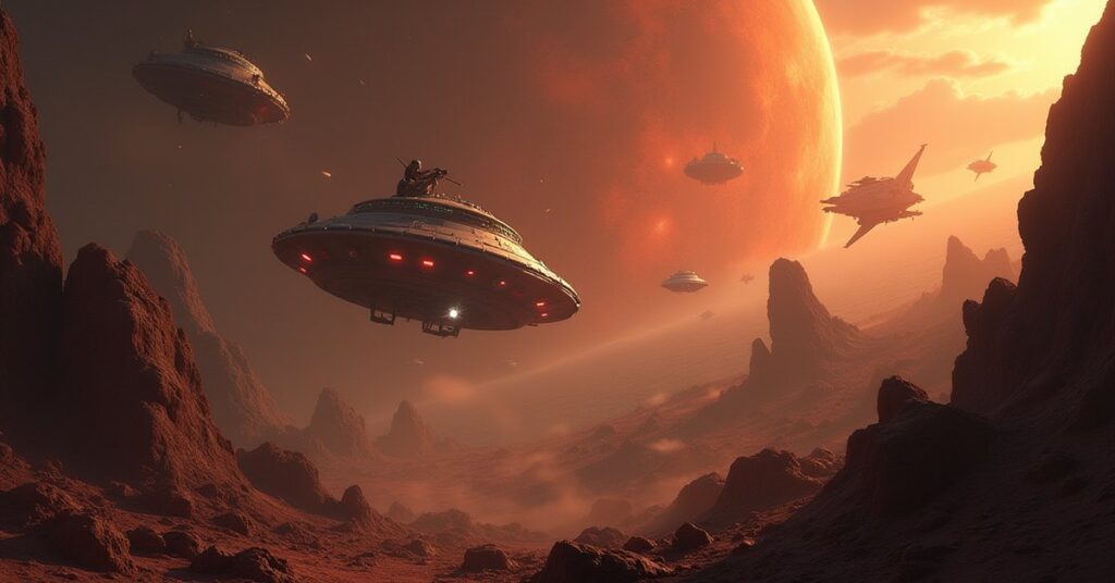 A starship battling hijacked Augment Exile ships above a scarred planet