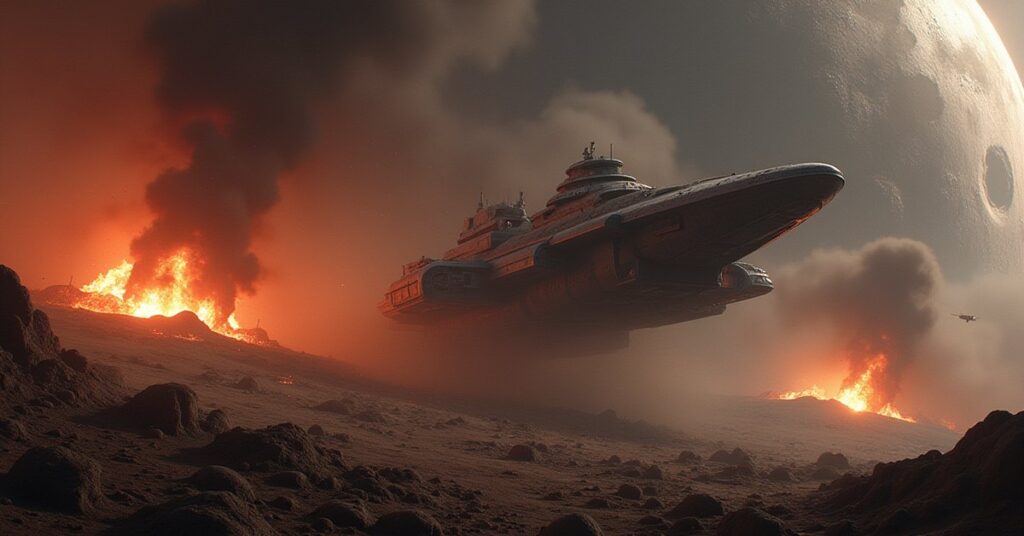 A starship scanning wrecked hostile ships near a besieged colony in Star Trek Fleet Command