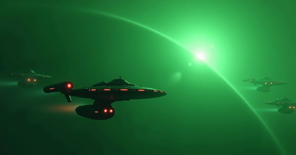A Federation starship searching a Romulan world in Star Trek Fleet Command