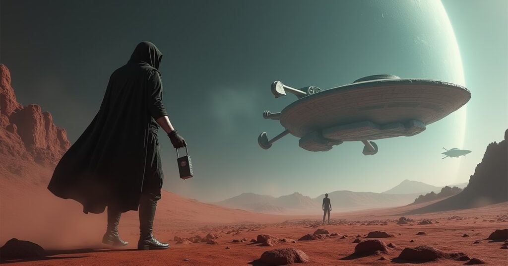 A Romulan scout planting a data recorder on a planet as a Rigellian ship approaches in Star Trek Fleet Command