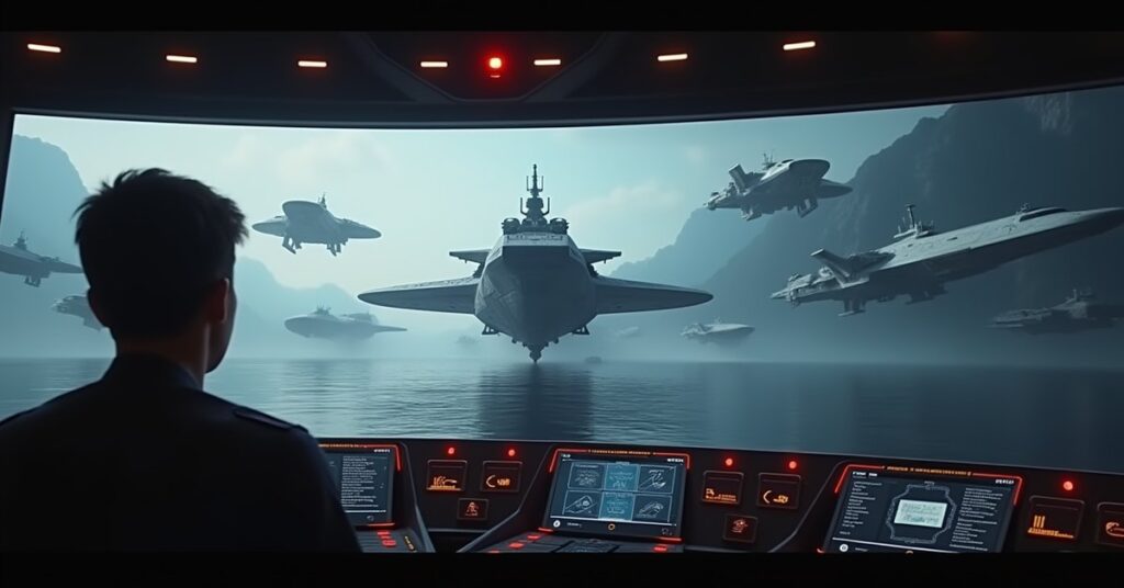 A cadet captain on a simulator bridge facing Klingon warships on the viewscreen in Star Trek Fleet Command