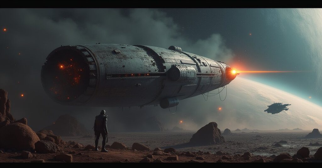 The wreck of a Vulcan research ship drifts above a planet as an emergency beacon blinks in the debris