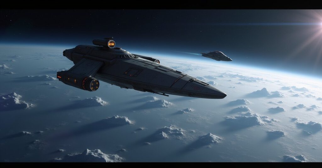 A Federation starship above Earth tracking a small shuttle as a raider approaches in Star Trek Fleet Command