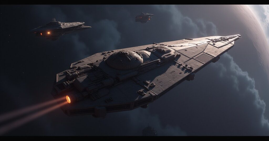 A Starfleet ship scanning a drifting colonist vessel as a Klingon warship approaches in Star Trek Fleet Command