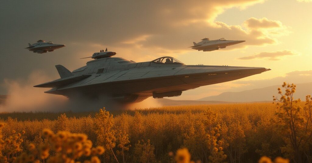A cargo shuttle slips past a Starfleet patrol over a farming planet in Star Trek Fleet Command