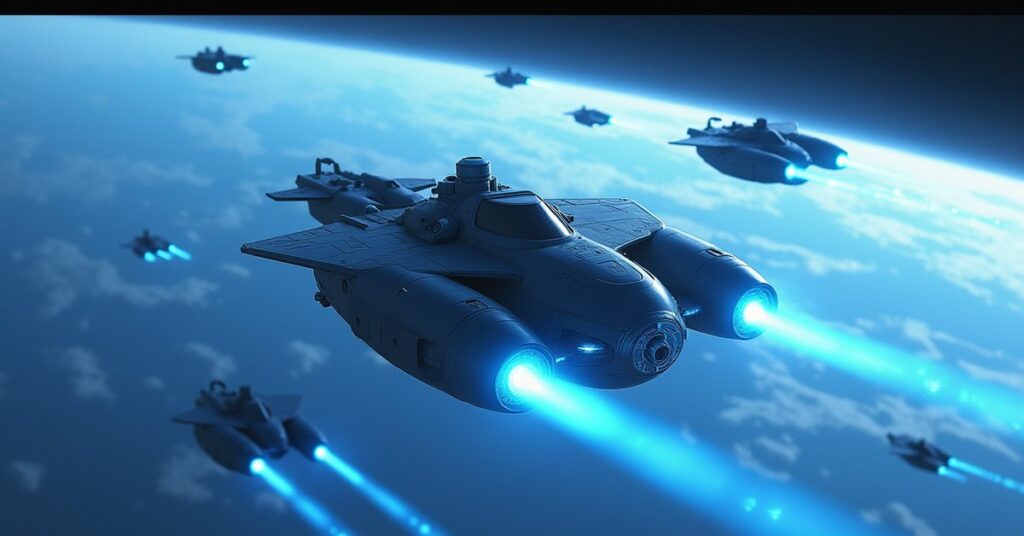 A starship capturing Suliban raiders with tractor beams above an ice planet in Star Trek Fleet Command