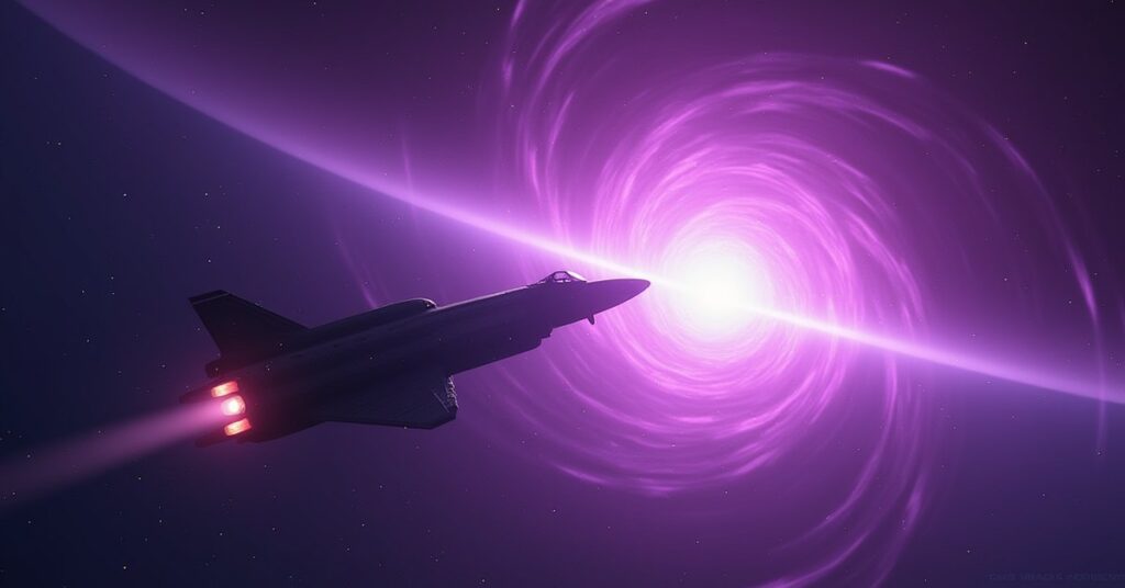 A science starship scanning a violet spatial anomaly in deep space in Star Trek Fleet Command