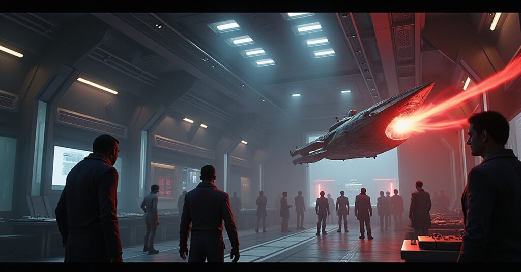 A pirate ship attacking a Klingon research station while another flees in Star Trek Fleet Command