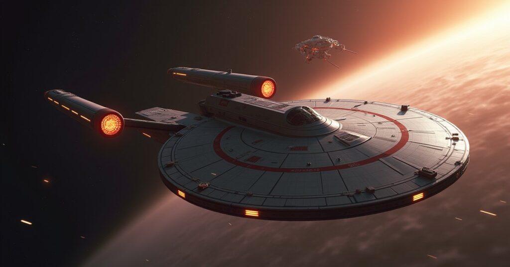 A starship leaving Federation space at warp as a starbase fades behind in Star Trek Fleet Command