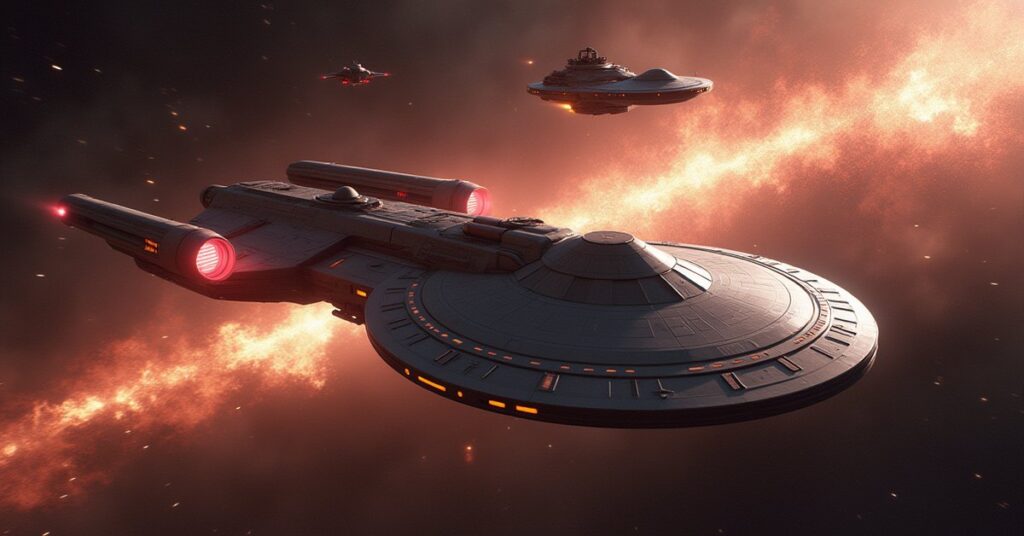 A starship escorting a science vessel through a temporal distortion in Star Trek Fleet Command