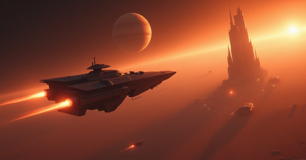 A small starship intercepting a thief's vessel near an orbital market station in Star Trek Fleet Command