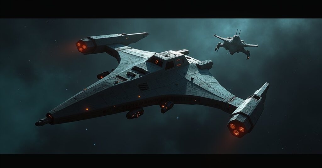 An abandoned Klingon ship drifts in space as a Romulan warbird watches from the shadows