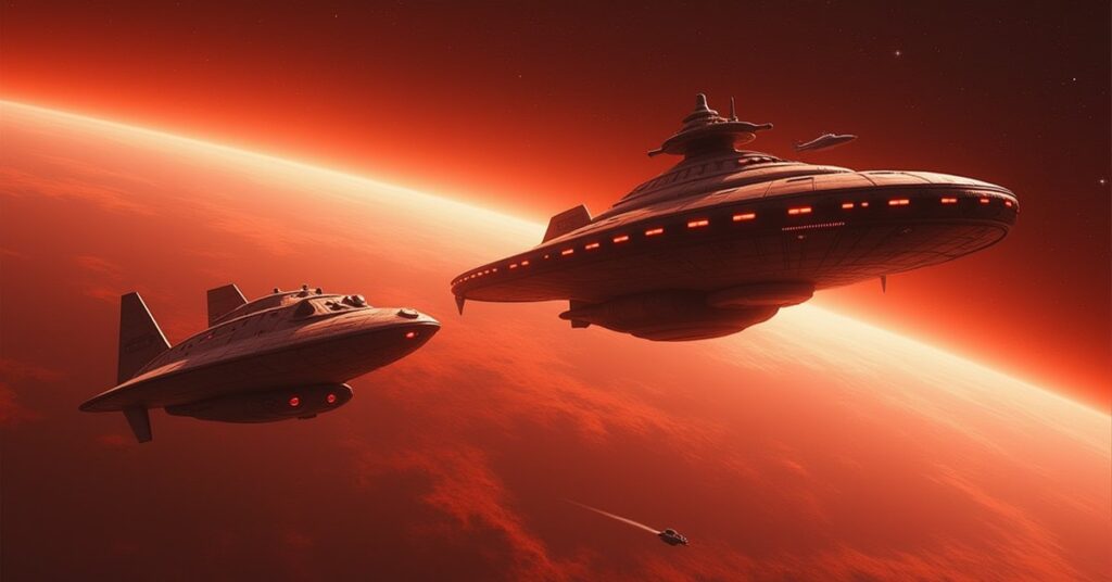 Vulcan and Romulan ships facing off above Vulcan in Star Trek Fleet Command