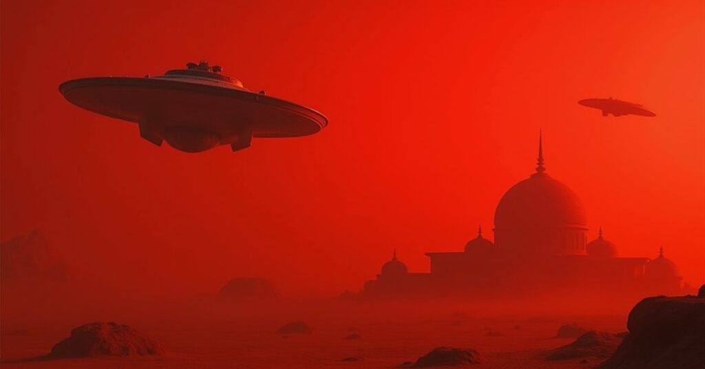 A starship above the red deserts of Vulcan chasing a fleeing Vulcan vessel