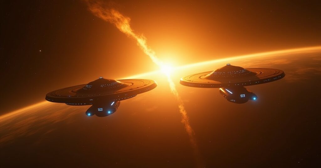 Voyager and the Defiant prepare to return home through a golden temporal rift in Star Trek Fleet Command