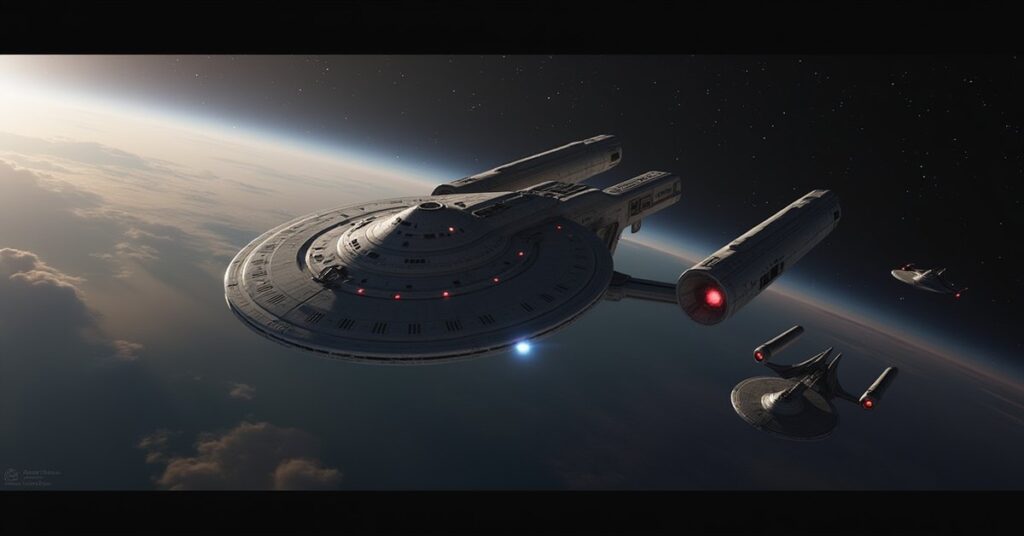 The classic Enterprise and a small Starfleet ship facing an approaching Klingon fleet