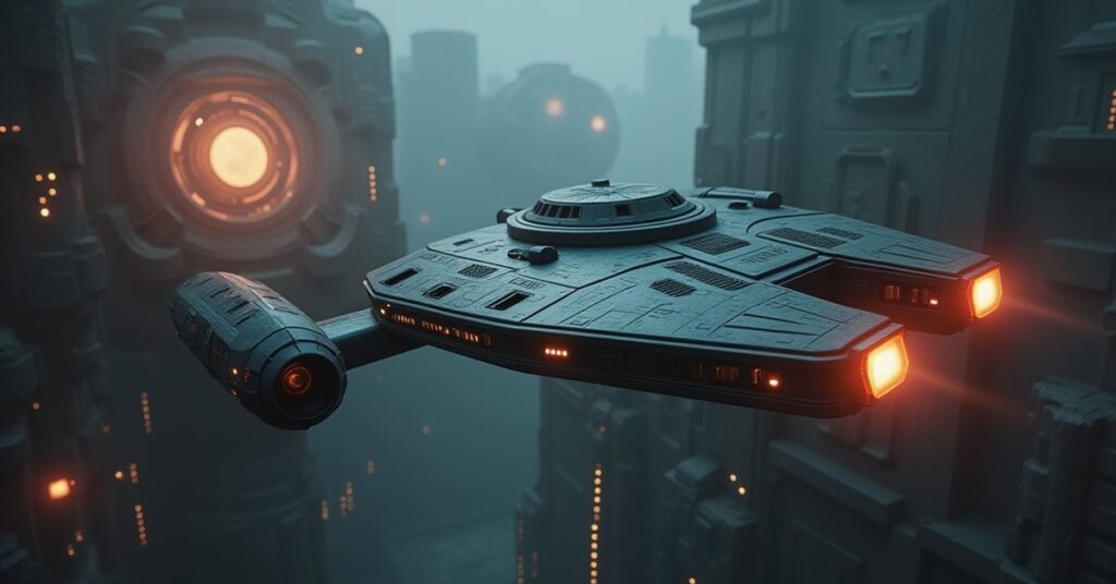 A training starship leading cadet vessels against Borg drones in a simulated battle