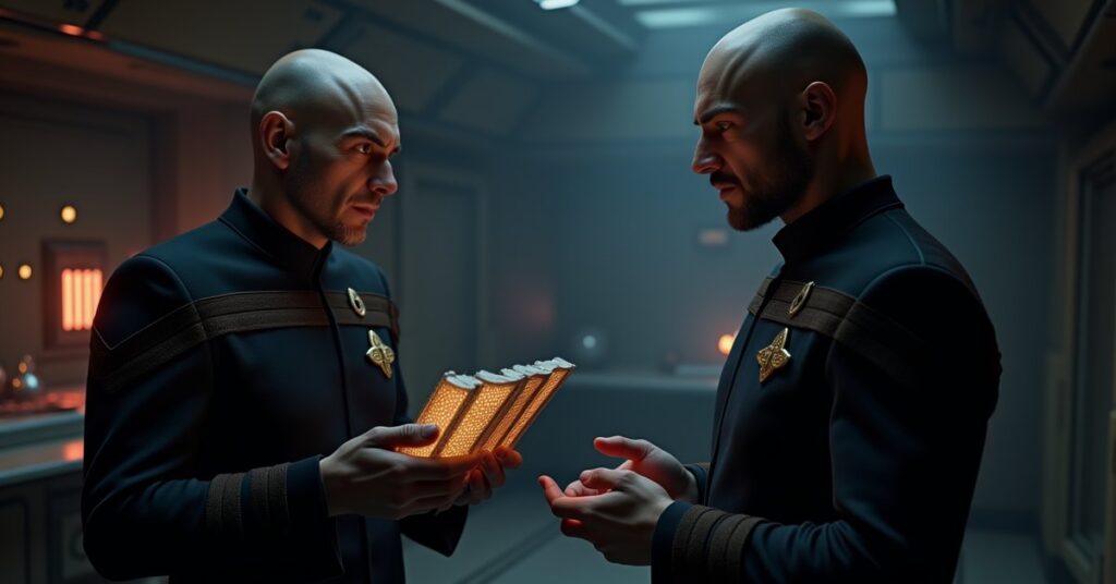 A captain handing glowing data padds to a Klingon scientist in a laboratory in Star Trek Fleet Command