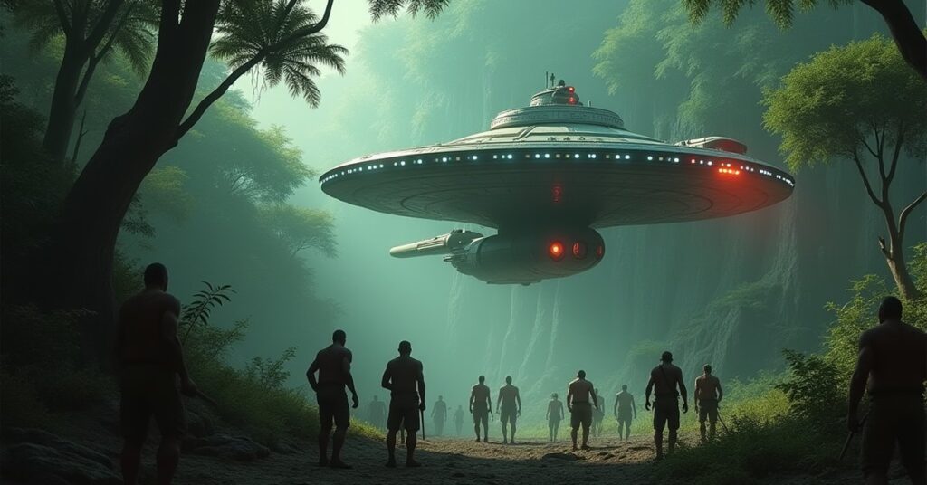 A Starfleet ship beaming captives off an Orion slave colony on a jungle moon in Star Trek Fleet Command