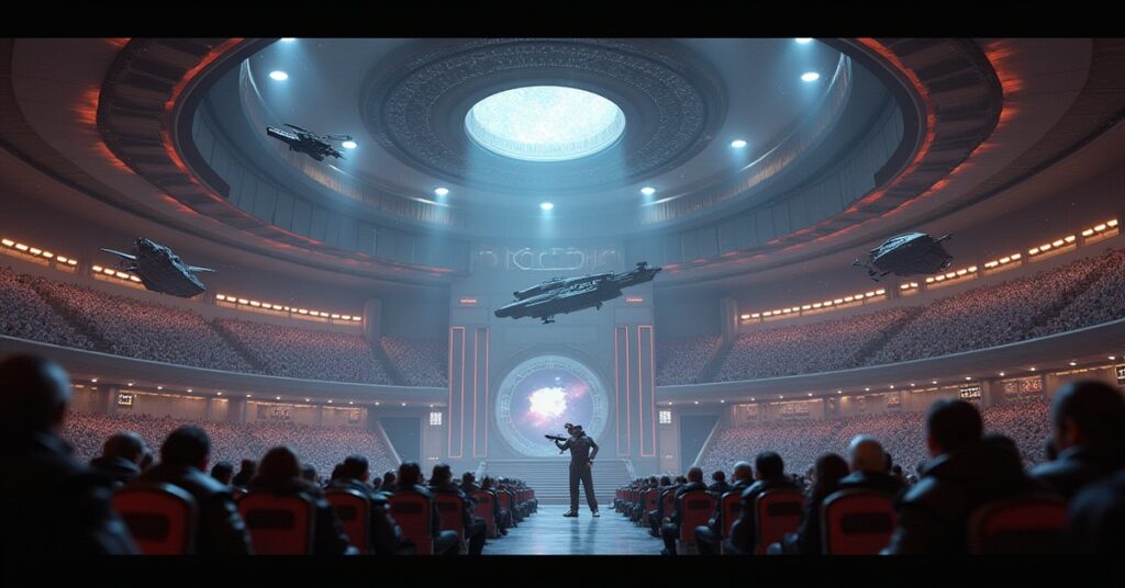 Two starships fighting in a space arena in the Nikola system as drone cameras and a crowded station look on