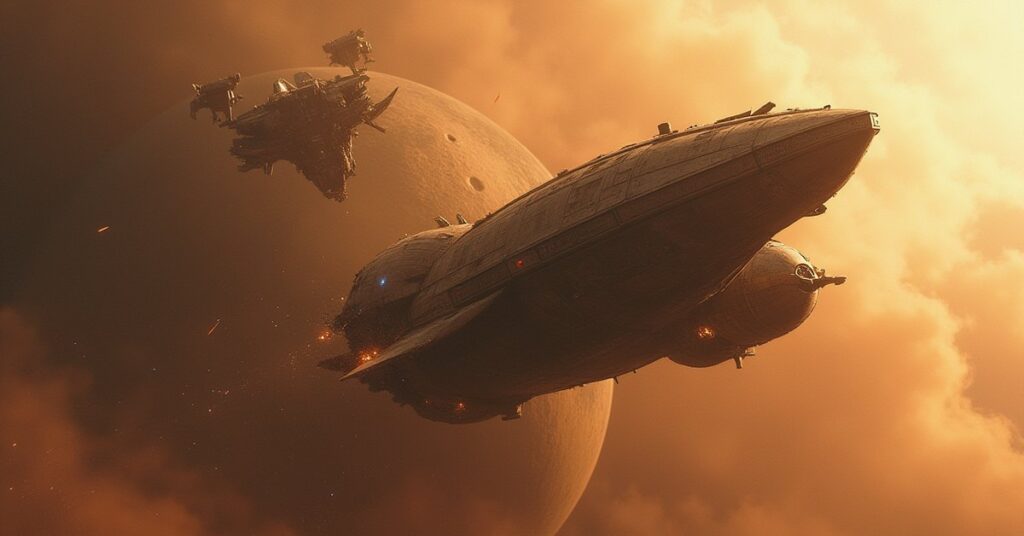 A Romulan warbird facing a damaged Reman ship above a mining planet in Star Trek Fleet Command