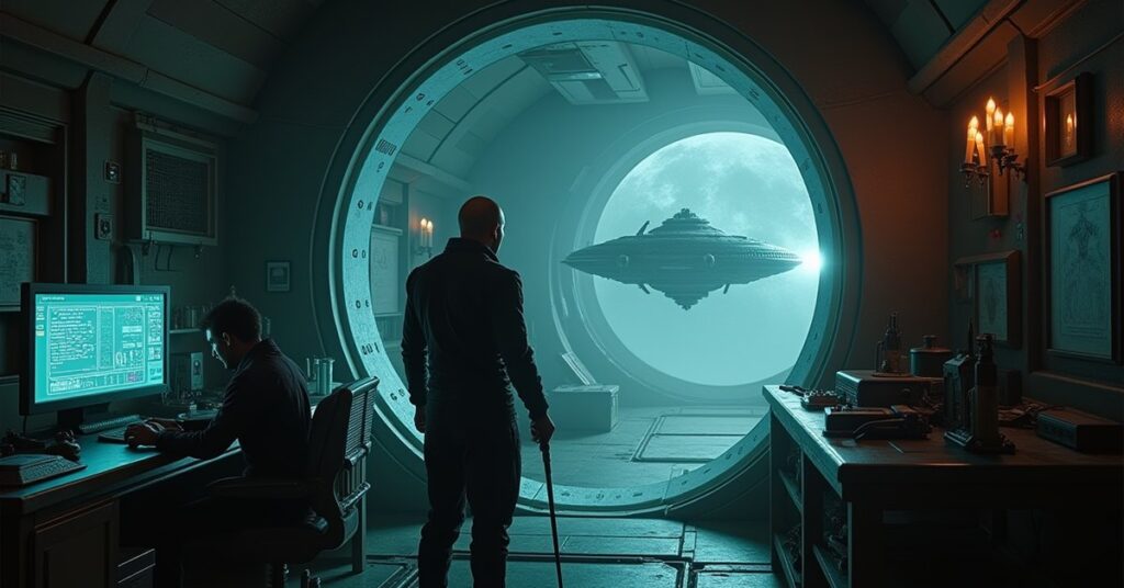 A Romulan scientist and a synth study a glowing nanochip hologram in a makeshift lab as a hostile ship approaches