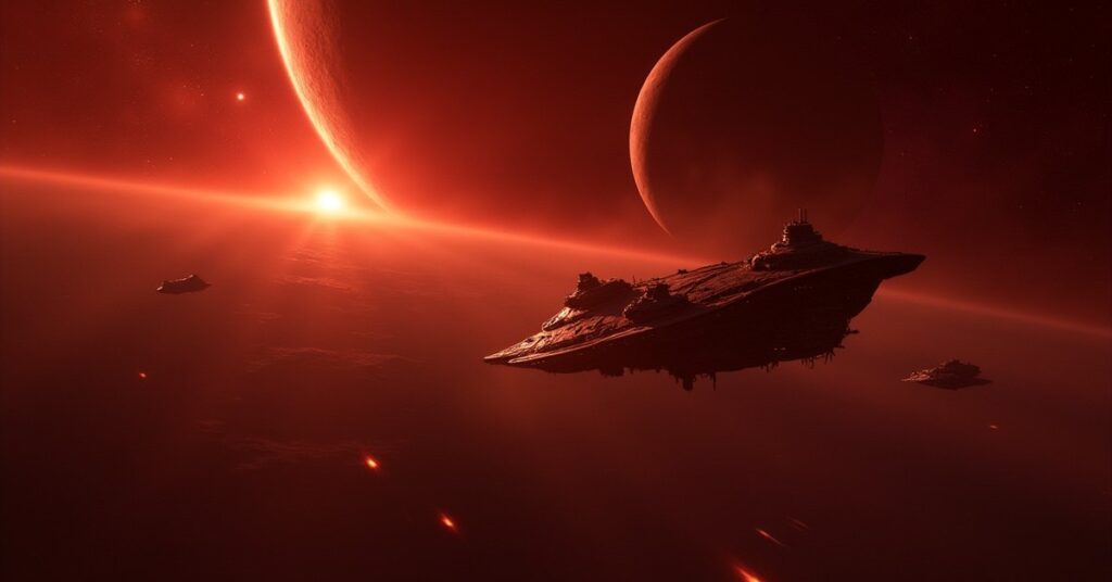 Starship answering a distress signal near a Klingon warship in a dim red star system.