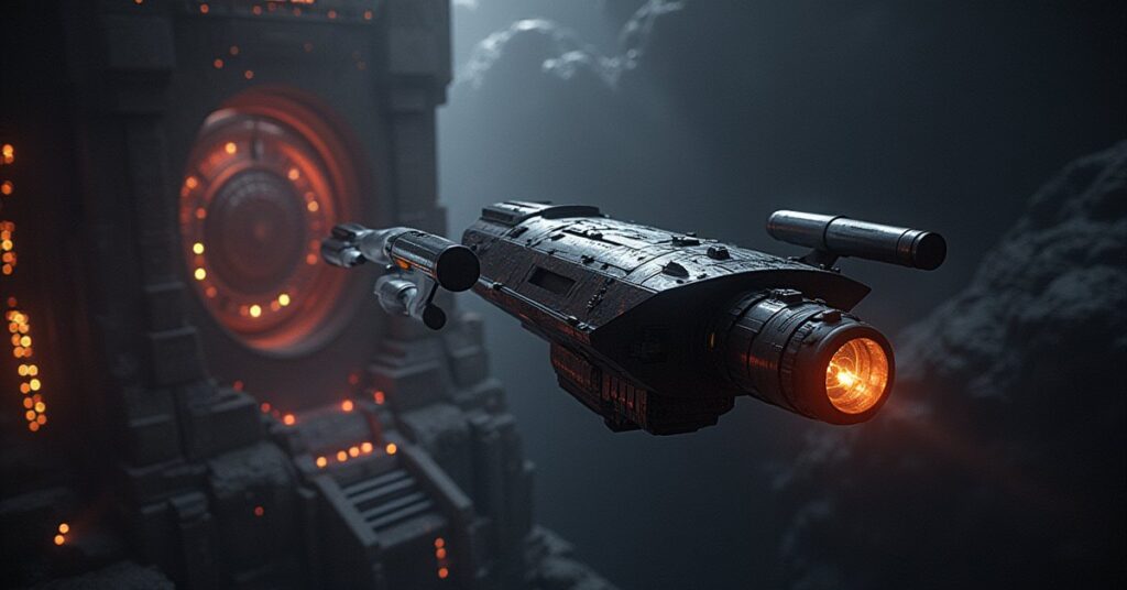 USS Voyager beside an ancient Progenitor installation as Hirogen hunter ships close in