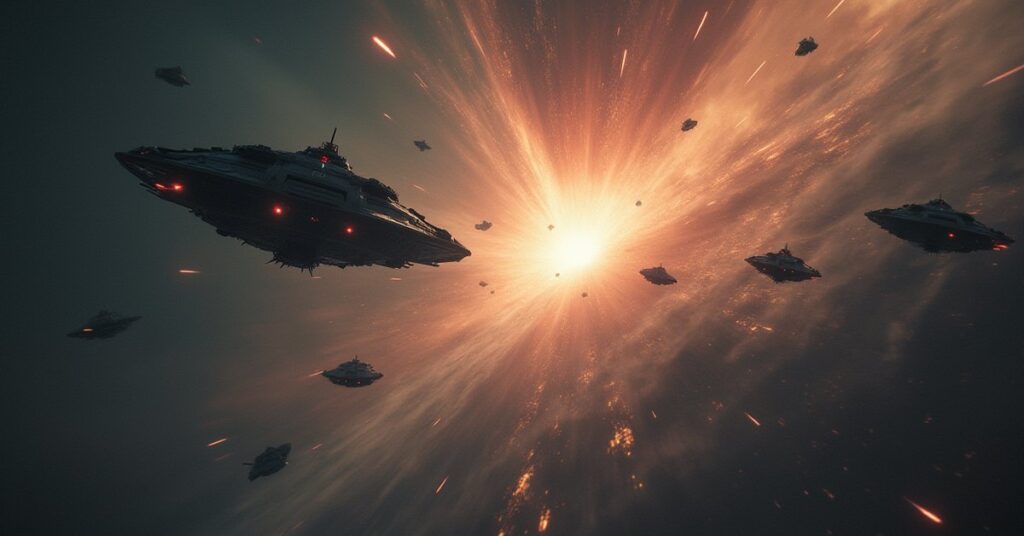 An alien fleet gathering at a shimmering rift while a starship fights nearby in Star Trek Fleet Command