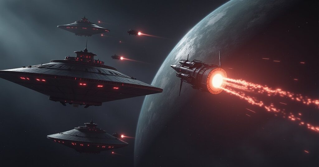 A defending starship firing on bounty hunter ships attacking a space station in Star Trek Fleet Command