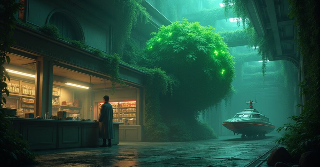 A giant glowing interdimensional plant overgrowing a space lab and wrapping around a small ship
