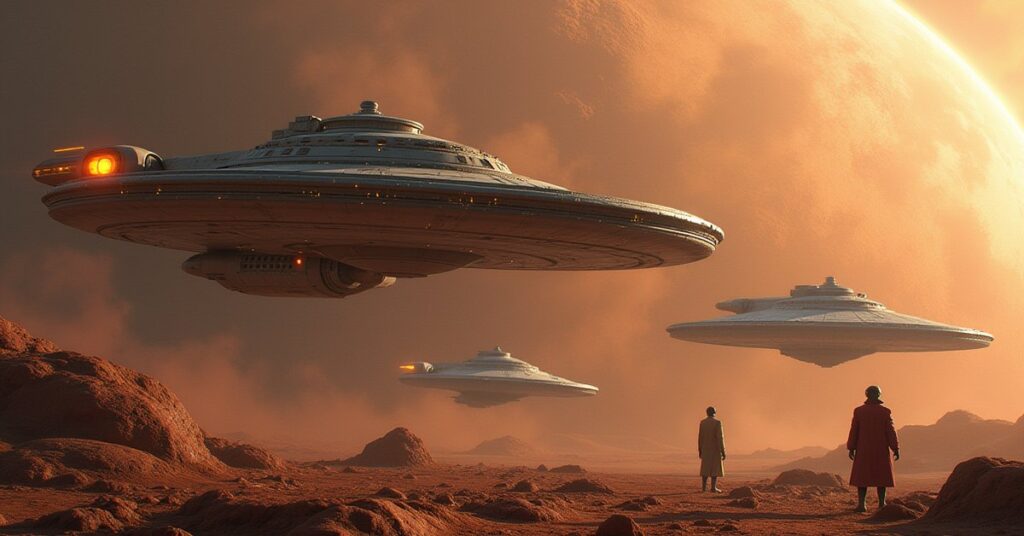 Ferengi warships approaching a Vulcan survey site guarded by a starship in Star Trek Fleet Command