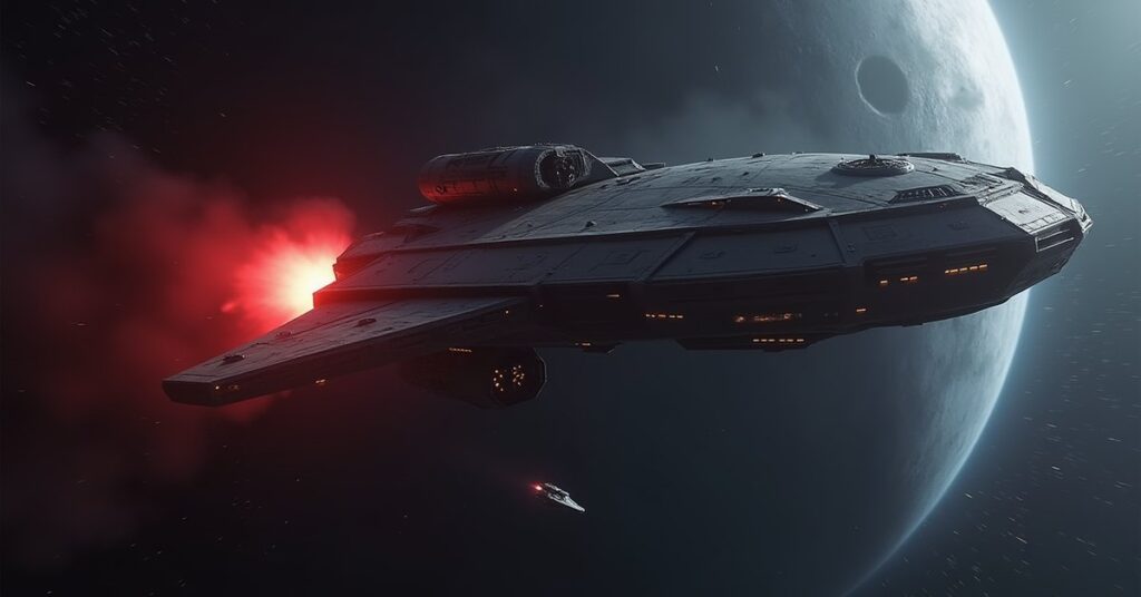 A Vulcan-styled starship intercepting a rogue vessel above Romulus near a charging superweapon in Star Trek Fleet Command