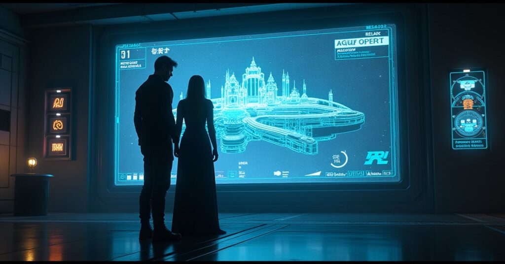 A Section 31 agent beside holographic station blueprints on a starship bridge in Star Trek Fleet Command
