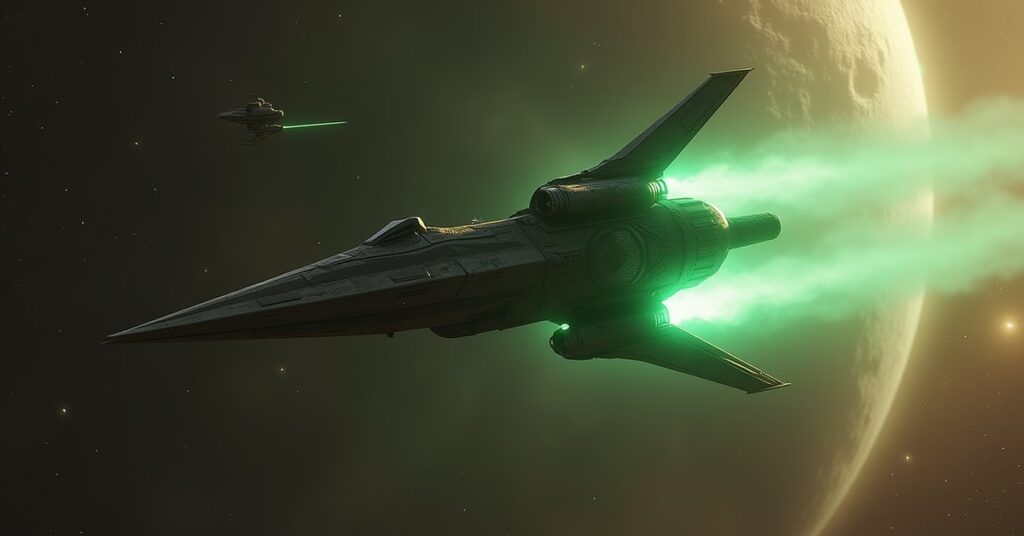 A Romulan warbird hunting a Klingon scout through planetary rings in Star Trek Fleet Command