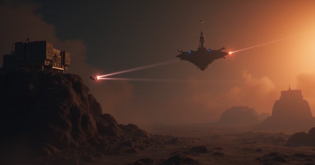 A starship scanning an asteroid mining outpost with a transporter shimmer nearby in Star Trek Fleet Command