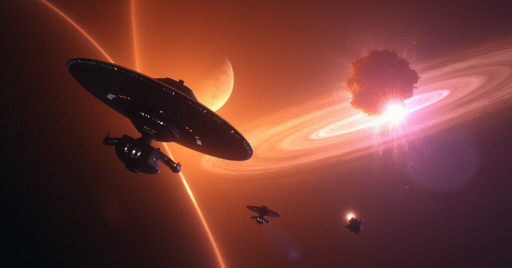Deep Space Nine above Bajor with a starship heading toward a nebula and a distant Dominion array