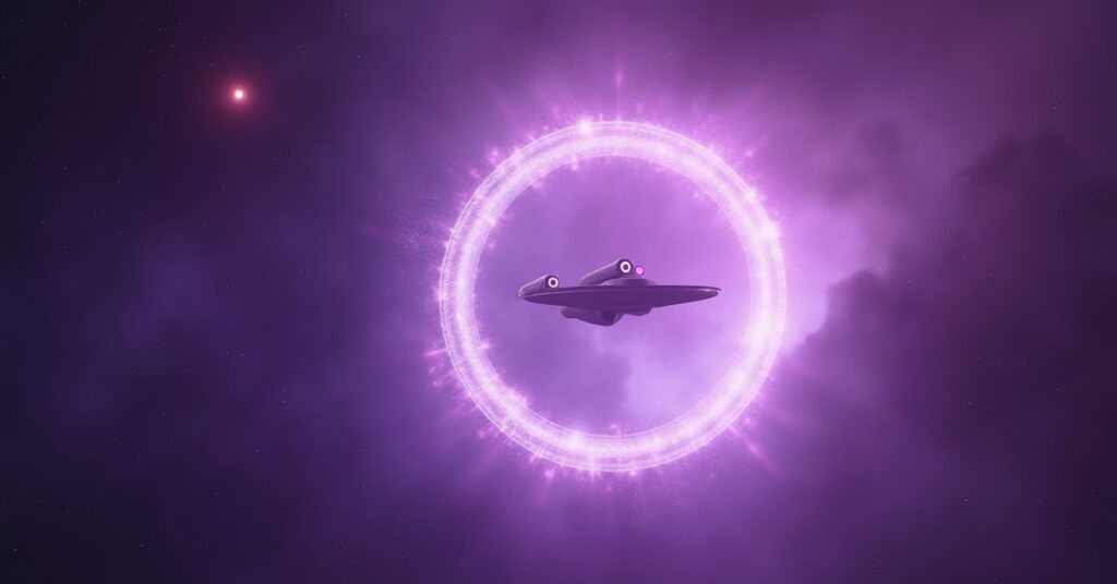 A starship facing a flickering duplicate starship in a temporal loop in Star Trek Fleet Command
