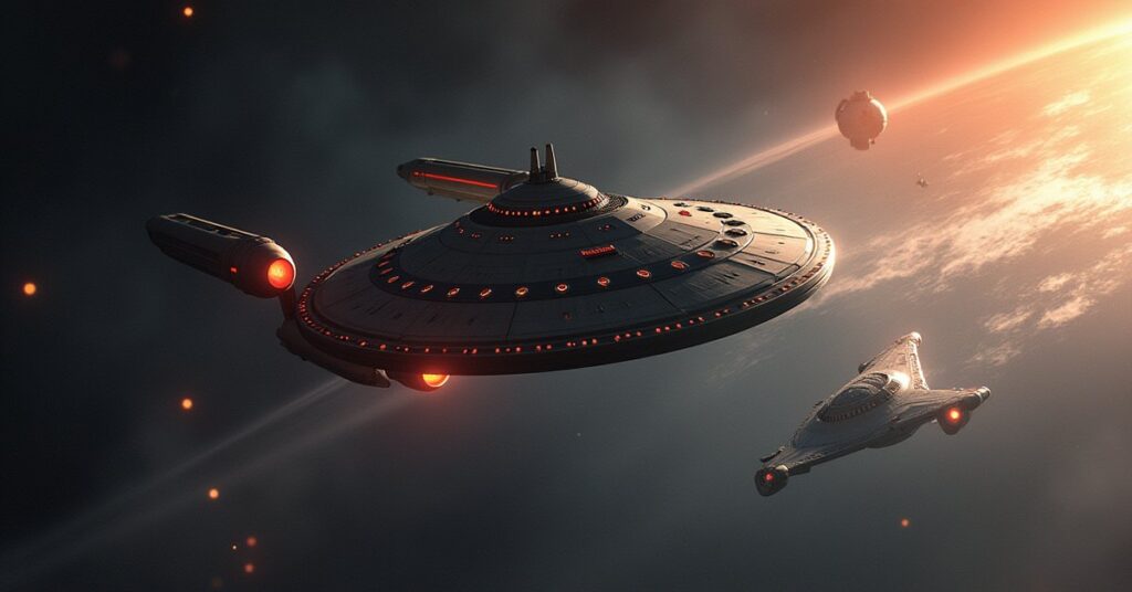 A Federation starship over a planet as a Romulan vessel launches from a hidden base in Star Trek Fleet Command