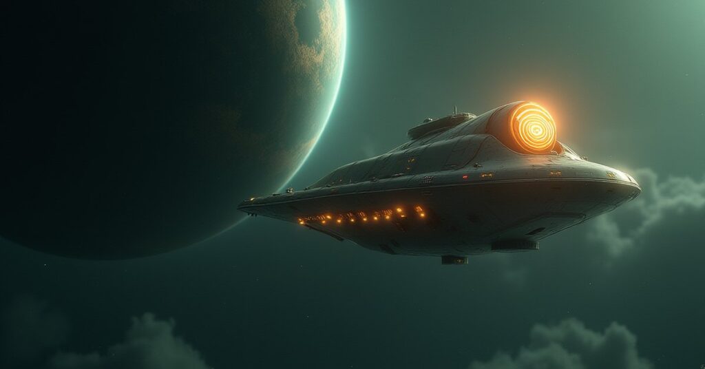 A small starship carrying a glowing shell-shaped artifact toward a ringed planet in Star Trek Fleet Command