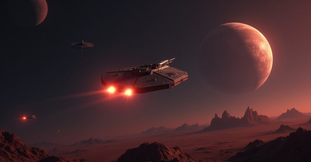 A Klingon ship placing tracking beacons around a rocky planet in Star Trek Fleet Command