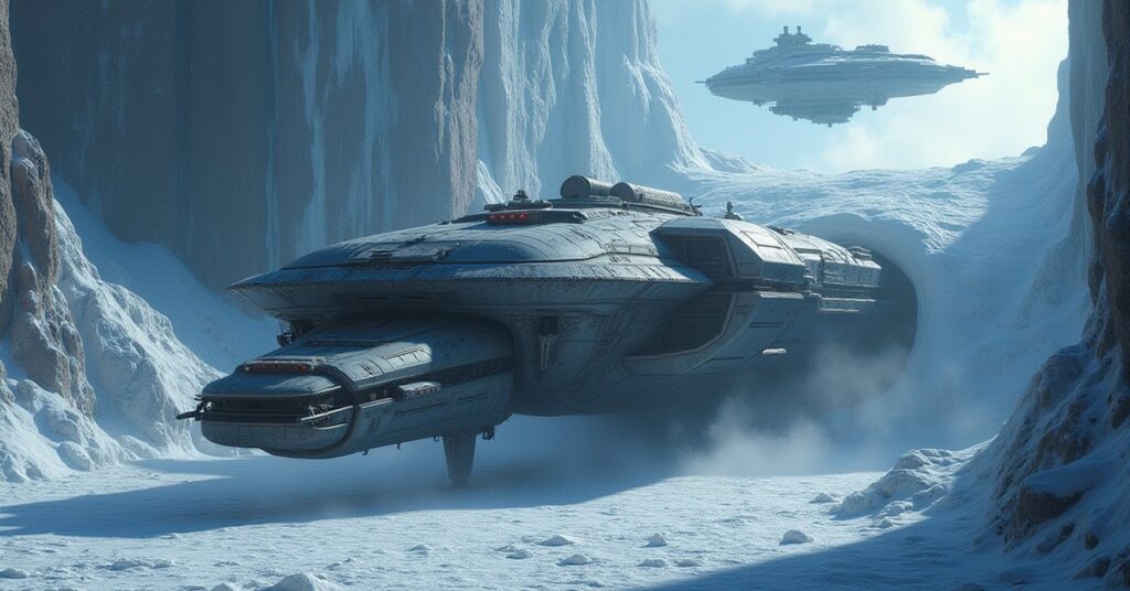 An Andorian starship in a shipyard dock above an icy world in Star Trek Fleet Command
