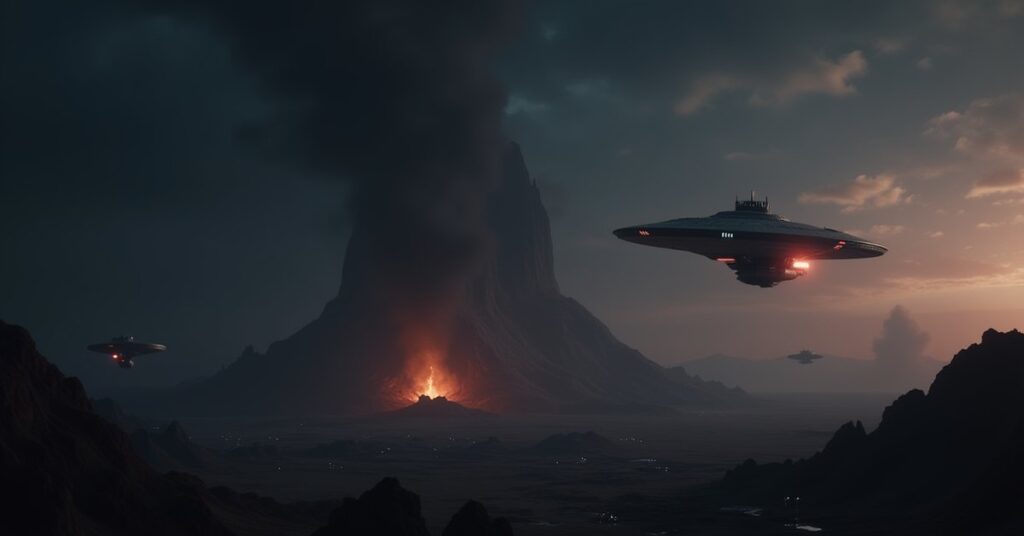 A darkened colony on a quiet planet as a Romulan vessel hovers overhead