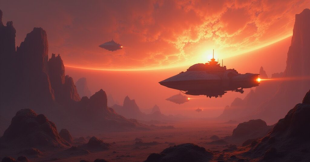 A starship hauling cargo containers past the remains of a destroyed planet in Star Trek Fleet Command