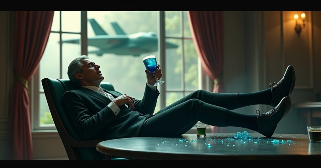A Romulan senator collapses at a reception over spilled blue Romulan Ale in Star Trek Fleet Command