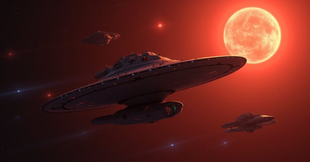 A Klingon warship cornering a fleeing Starfleet vessel near a red giant star in Star Trek Fleet Command